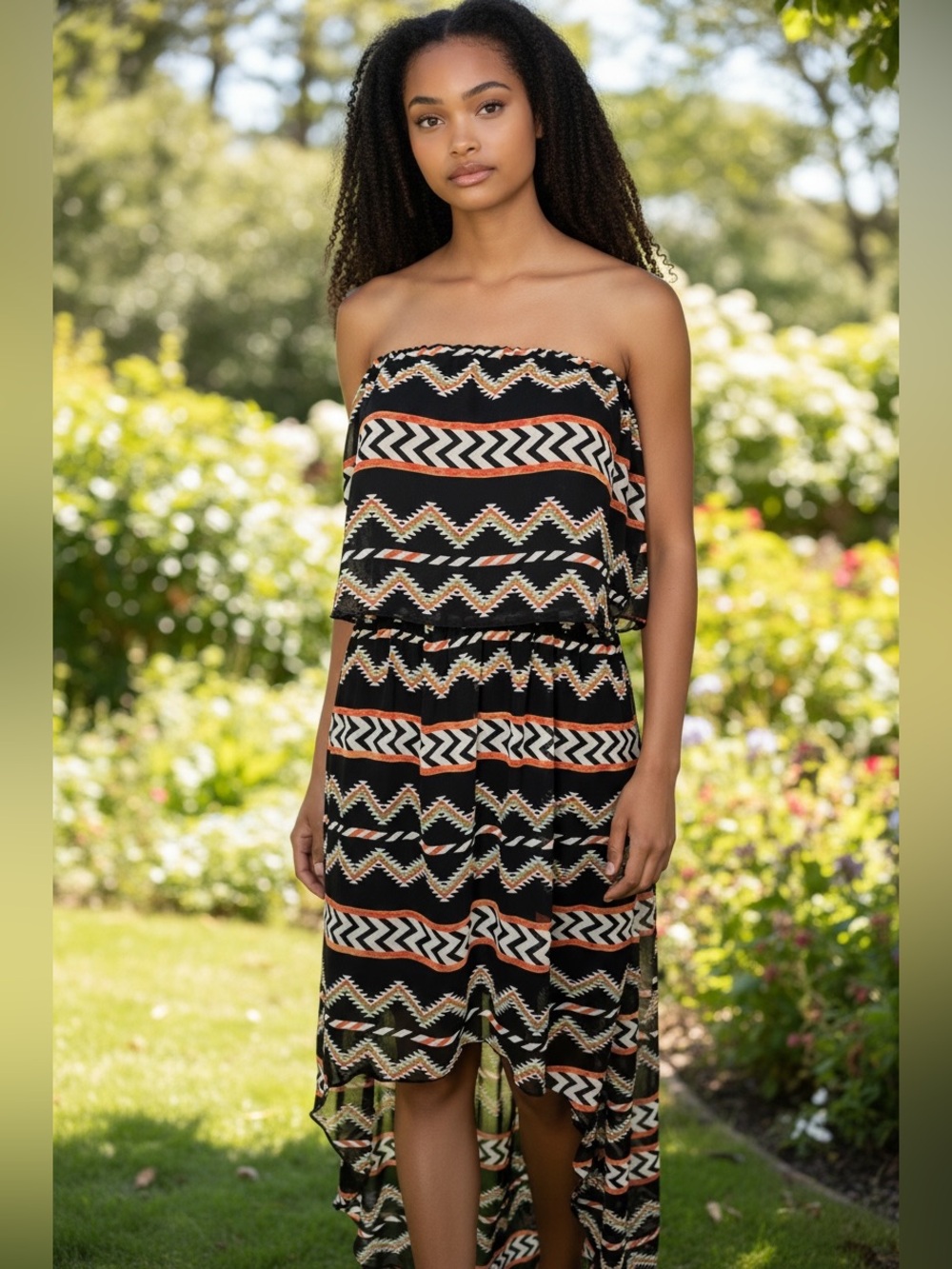 bebe Strapless Black Aztec Print Dress with Orange & Cream Accents